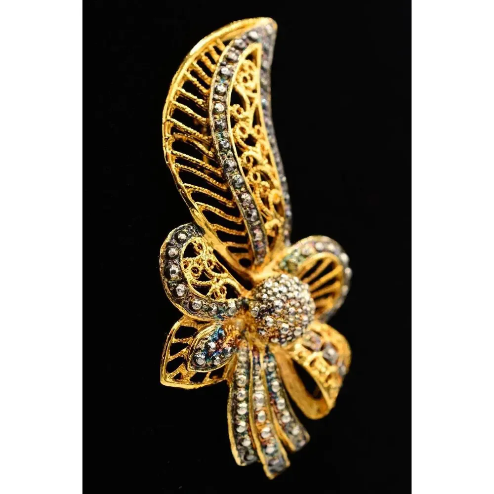 Vintage Flower Bow Pin Brooch Gold Silver Tone Antiqued Gunmetal Chunky 1980s 9B